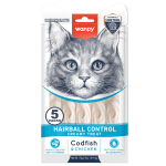 Wanpy Cat Hairball Control кремообразно лакомство за котки с риба треска и пилешко, срещу топки косми, 5х14 г