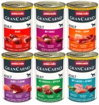 GranCarno Adult Mix -  микс консерви: телешко, сърца, телешко и пилешко, телешко и агнешко, еленско и ябълки, сьомга и спанак, 6 х 400